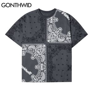 T-shirts Streetwear Hip Hop Casual Color Block Bandana Paisley Motif Imprimer À Manches Courtes Coton Harajuku T-shirts Tops 210602