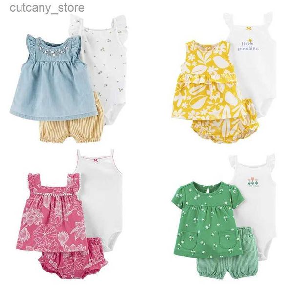 Camisetas Conjuntos de ropa para bebés de verano Vestido + Body + Pantalones cortos Trajes Infantil Recién nacido Ropa para bebés Camiseta de algodón Tops + Mameluco + Pantalones 3PCS L240311