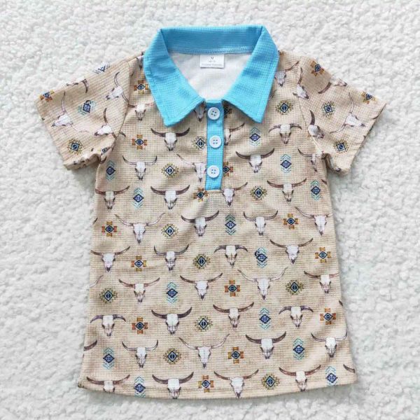 T-shirts Summer Boys Shirts Bull Head Geometric Geometric Pattern Impring Waffle Tissu Wholesale Boys Tops