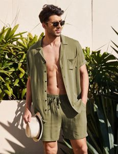 T-shirts Summer Cotton Linen Shirt Set Men's Men's Casual Outdoor 2-Piece Suit Andhome Vêtements Pajamas Confortable Place Breatch Place Couchés courts Ensembles