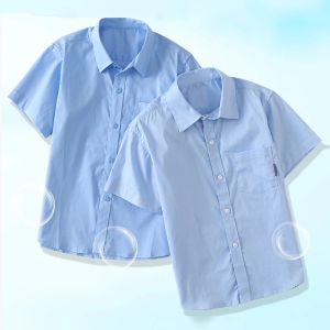 T-shirts Zomer Kids Blue Shirts For Girls School Uniform Blouses For Boy Short Sleeve Preppy Cotton Children Cleren Vestidos 8 10 14 Y