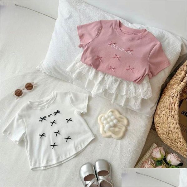 T-shirts Summer Kids Bow Letter Imprimé T-shirt Ins Baby Girls Girls à manches courtes T-SEUR BLANC LACE CAKE JOURTS ENFANT