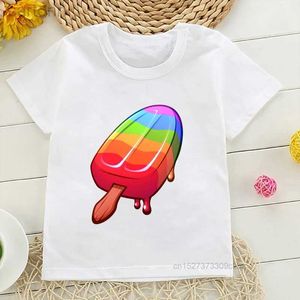 T-shirts T-shirt pour enfants mignon arc-en-ciel Popsicle imprimé garçons T-shirt drôle glace Lolly enfant en bas âge bébé t-shirts décontracté filles blanc à manches courtes ldd240314