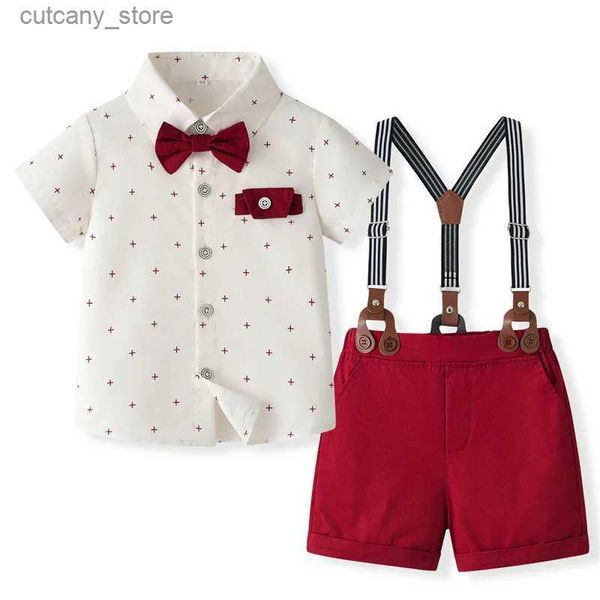 T-shirts enfant en bas âge bébé garçon Gentleman vêtements à manches courtes imprimé croisé petit haut avec jarretelles Shorts 2 pièces tenue de Pâques L240311