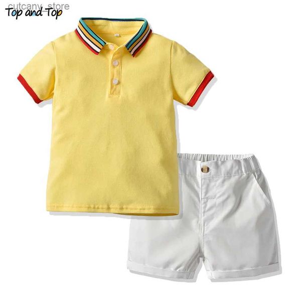 T-shirts Haut et haut d'été enfant en bas âge bébé garçon coton Gentleman à manches courtes arc-en-ciel rayé t-shirt + Shorts ensemble de vêtements décontractés livraison directe L240311