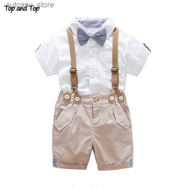 Camisetas Top y Top Verano para niños pequeños Conjuntos de ropa para niños Camisa de pajarita de manga corta + Pantalones cortos con tirantes Pantalones Trajes de caballero formales L240311