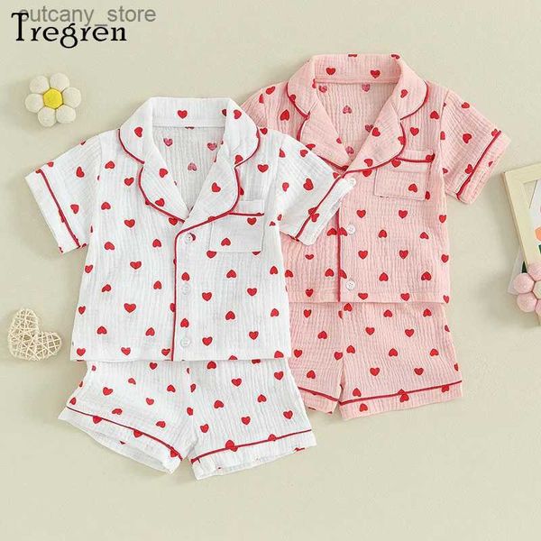 Tregren Ensemble pyjama pour bébé fille - Vêtements de Saint Valentin - T-shirt à manches courtes + short - 2 pièces - Vêtements de nuit pour enfants - L240311