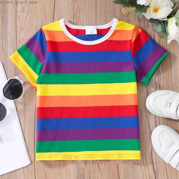 Camisetas Camiseta Niños para 2-7Y Verano Niños Niñas Manga corta Rayas del arco iris Top Casual Algodón Ropa para niños Tops Bebé Niño Camiseta Q240218