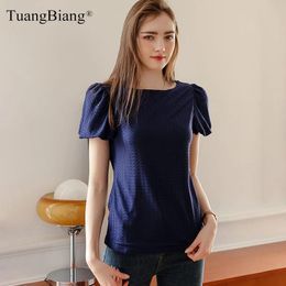 T-shirt TuangBiang Estate 2022 Pieghe Solid Slash Neck Magliette Manica a sbuffo Magliette in cotone a coste 3D Abbigliamento femminile Top a pieghe classici