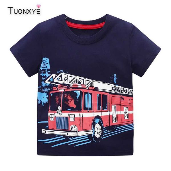 T-shirts Tuonxye Summer Boys Summer à manches courtes t-shirts Top Vêtements Fire Camion Fire Modèle Childrens Vêtements Childrens Coton Vêtements 2-8 ANSL240509
