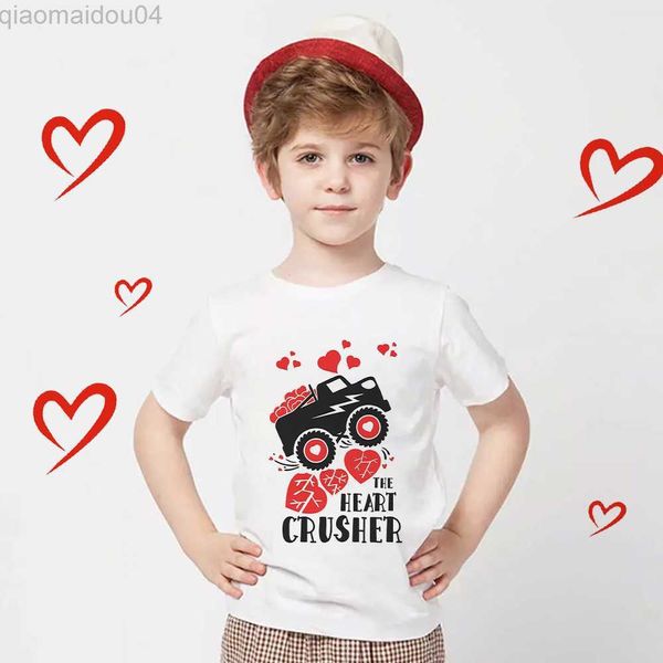T-shirts Valentine's Heart Crusher Print Kid T Shirt Boy Valentine Party White Shirt Monster Truck Kids T-Shirt Valentine's Day Clothes AA230518