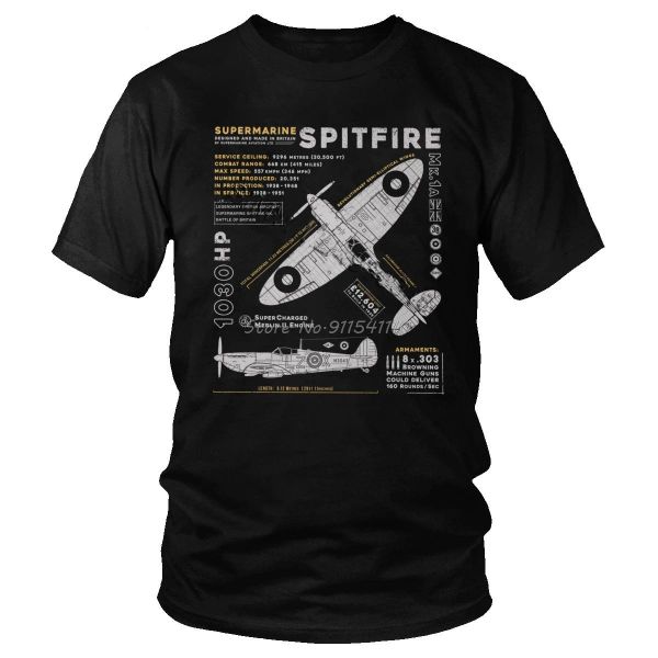 T-shirts vintage Supermarine Spitfire mk 1 t-shirt hommes Tee Coton Tee Coupte de chasse à manches courte Fighter Plan War Pilot Aircraft Airplane Tshirt Gift