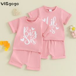T-shirts Visgogo Baby Girl Summer Desse Sisters Matching Outfit Letter Print Crew Neck Hort Sleeve T-shirts Tops Elastische taille shorts