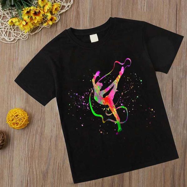 T-shirts Aquarelle gymnastique t-shirt nouveaux enfants fille t-shirt Kawaii gymnastique art haut t-shirt mode enfants vêtements dessin animé noir T-shirts ldd240314