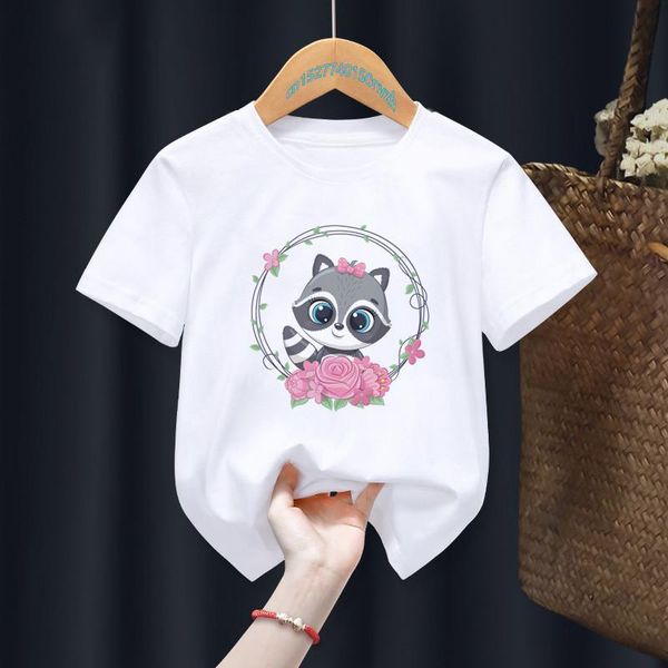 T-shirts Blanc Enfant Bébé Animal Avec Couronne Florale Haut Pour Garçon Tee Enfants D'été Fille Cadeau Présent Vêtements Drop ShipT-shirts