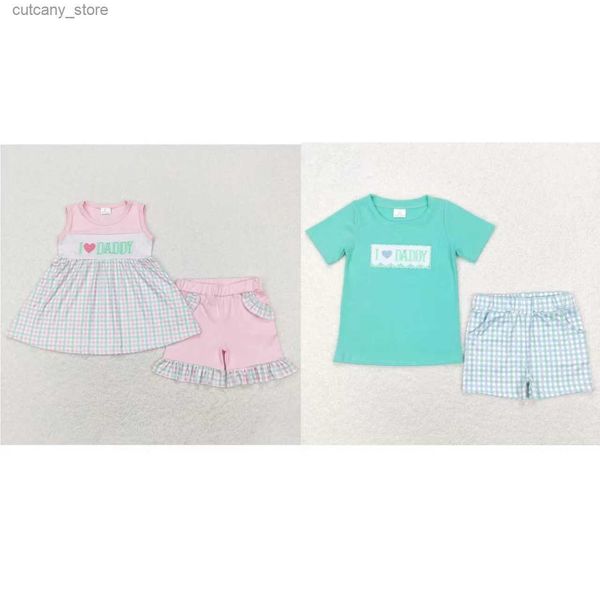 Camisetas Venta al por mayor Niños Día del Padre Traje Baby Boy Girl Conjunto de verano I Love Daddy Tops bordados Niños Bolsillo Pantalones cortos a cuadros Ropa L240311