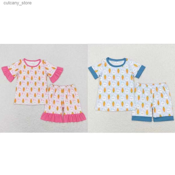 Camisetas Venta al por mayor Pijamas de Pascua para niños pequeños Mangas cortas Zanahoria Conejo Tops Pantalones cortos Niños Traje de primavera a juego Baby Boy Girl Kids Sets L240311