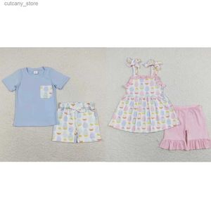 Camisetas Venta al por mayor Conjunto de Pascua para niños pequeños Huevos coloridos Tops Boutique Shorts Niños Traje de primavera a juego Baby Boy Girl Ropa L240311