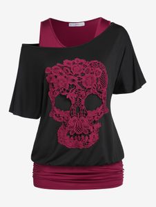 T-shirts dames schuine nek schedel kant gothic T-shirt en ruches blouson tanktop set of lichtblauw contrasterend kanten paneel uitsnijding T-shirts 4XL