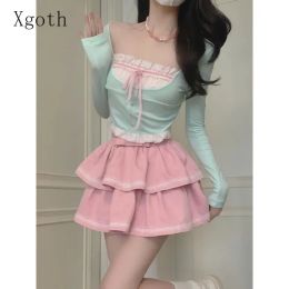 T-shirts Xgoth Hot Girls Damesraden Set Mint Green Slim Square Neck T-Shirts Pink Lace Cake Skirs Zoete Koreaanse stijl Vrouwelijke outfits