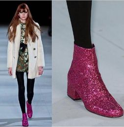 T-stage femmes paillettes bottines talons carrés brillant chaussons automne hiver Feminino Botas rouge argent or chaussures femme