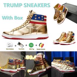 T Trump Sneakers Designer Chaussures décontractées les never reddition élevés Donald Trump Gold Patent Cuir Custom Men Sneaker Comfort Sport Trendy Lace-Up Outdoor