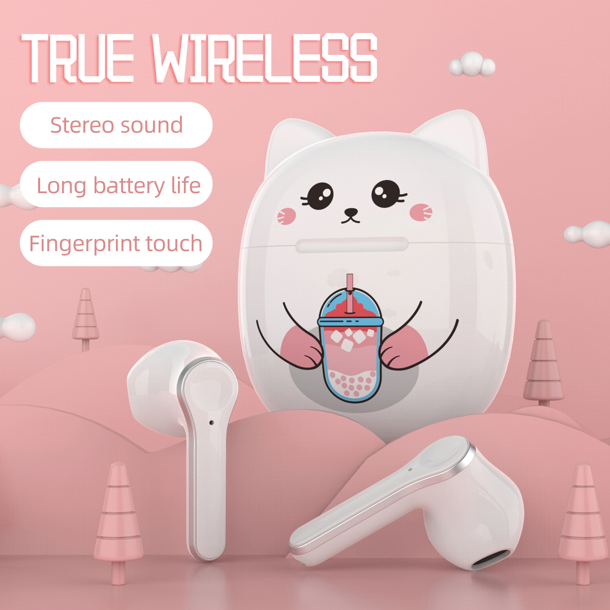 T18a trådlöst Bluetooth-headset söt katt två öron musik öronproppar med laddningsfodral hörlursdräkt för smartphone mobiltelefon tjejer hörlurar