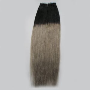 T1B/gris Ombre extensions de bande extensions de cheveux gris 40 pièces par paquet 100 grammes de cheveux de trame de peau