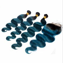 T1B Green Teal Ombre Peruano 3 paquetes con cierre Dark Roots Two Tone Virgin Hair con cierre Body Wave Ondulado Ombre Hair con cierre