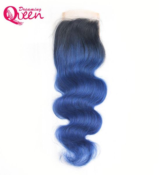 T1B Ocean Blue Color Body Wave Fermeure dentelle ombre ombre brésilien Vierge Human Hair 4x4 Clôture en dentelle avec bébé cheveux naturels CLO8005539