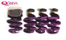 T1B Paarse kleur Body Wave Ombre Braziliaanse maagdelijke menselijke haarbundels 3 stuks met 4x4 vetersluiting Natuurlijke haarlijn Ombre haarbundell6807524