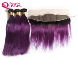 T1B Color púrpura Extensiones de cabello humano virgen brasileño recto Ombre 3 paquetes con cierre frontal de encaje de oreja a oreja 13x4 Preplu6247857