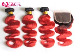 T1B Red Body Wave Ombre Extensiones de tejido de cabello humano virgen brasileño 3 paquetes con nudos blanqueados 4x4 Cierre de encaje con cabello de bebé4684823