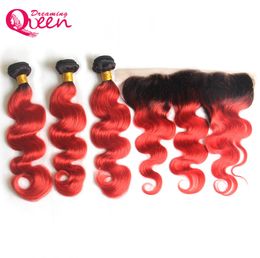 T1B Red Body Wave Ombre El cabello humano virgen brasileño teje 3 paquetes con 13x4 Nudos blanqueados de oreja a oreja Cierre frontal de encaje con 4670832