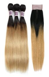 T1B27 Miel Blonde Ombre Faisceaux de Cheveux Humains avec Fermeture Droite Pré Colorée Brésilienne Vierge Cheveux Armure 3 Faisceaux avec 4x4 Lace5955074