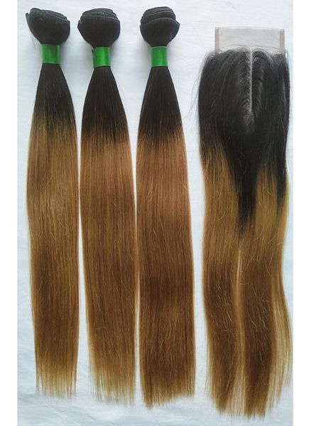 T1B27 Ombre Cheveux Brésiliens Weave Bundles Avec Fermeture Blonde Droite Cheveux Humains 3 Bundle Avec 4x4 Partie Moyenne Fermeture À Lacets Non R9376437