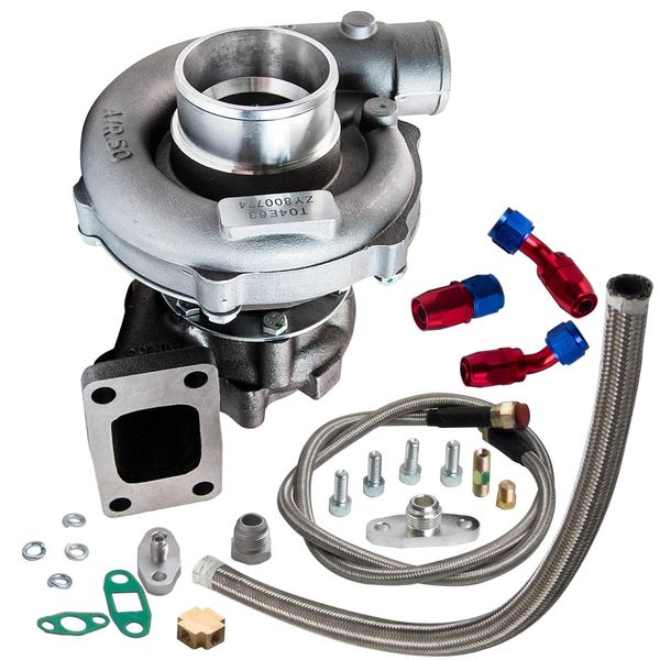 Turbocompresor de rendimiento T3/T4 T04E .57 A/R + Kit de línea de retorno de alimentación de aceite 300 + Turbo enfriado por aceite HP para válvula de descarga interna de 1.6-2.5L