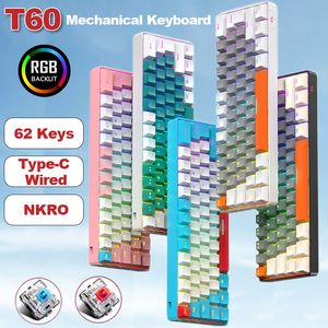 T60 russe/En Mini clavier mécanique de jeu 62 touches rvb type-c clavier de jeu filaire NKRO 60% claviers ergonomiques pour Gamer