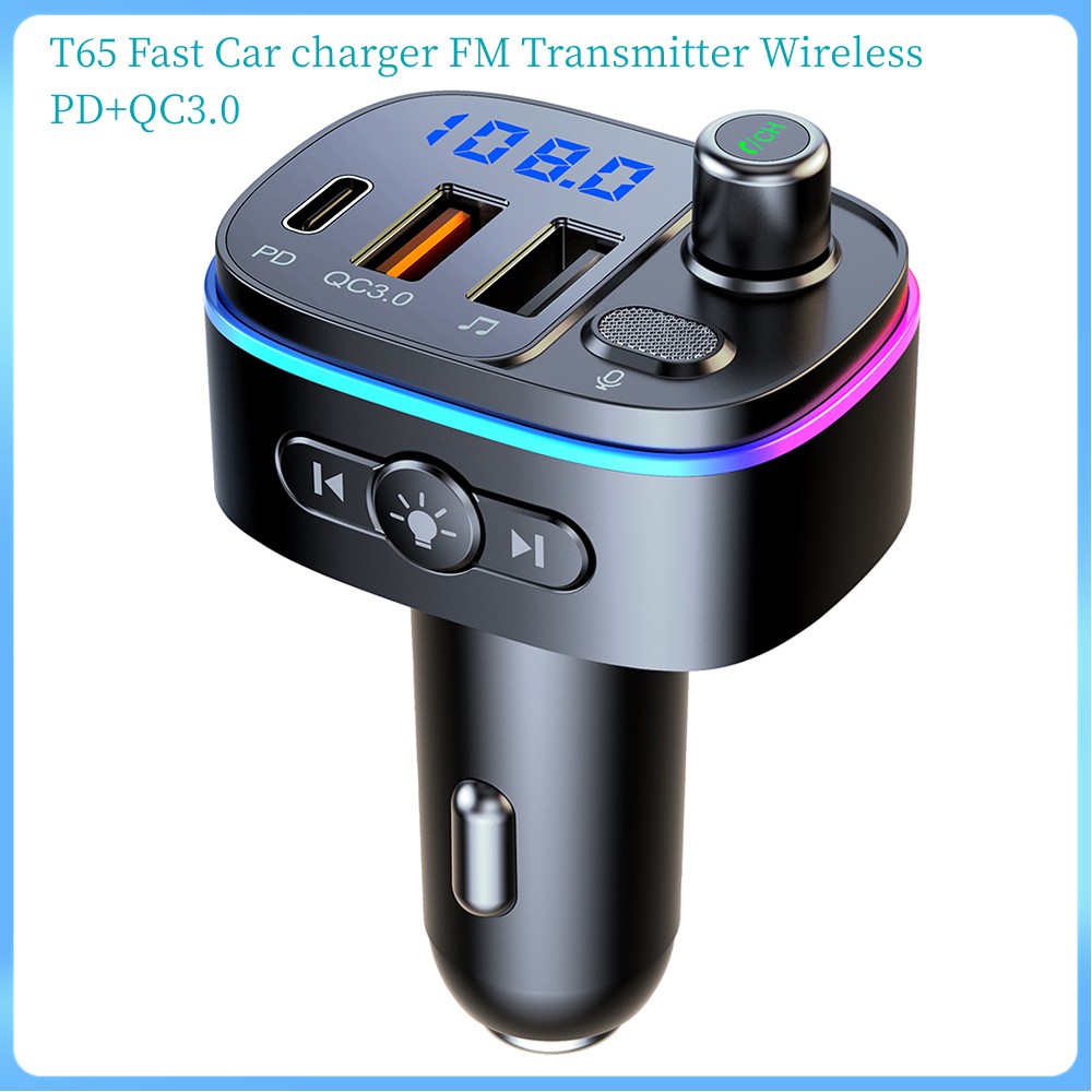 T65高速車充電器FMトランスミッターワイヤレス5.0 BluetoothハンズフリーMP3プレーヤーPDタイプC QC3.0 USB LEDライト