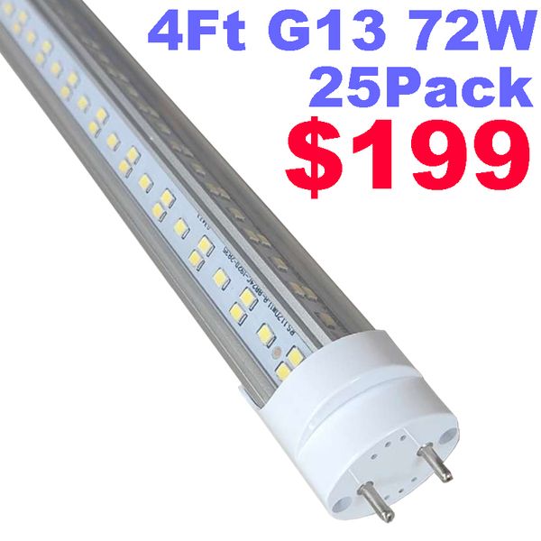 Ampoules à tube LED T8 4 pieds 72 W 6500 K, puissance à double extrémité 4 pieds LED Tube fluorescent de remplacement à haut rendement en forme de V Bi-Pin G13 Ballast de base usastar