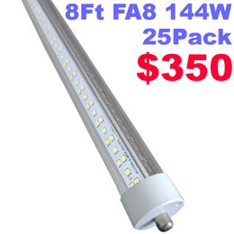 T8 / T10 / T12 8ft LEDE LEUPE LED, Base FA8 à broche à une seule broche, 144W 18000lm, 6500k blanc frais, 8 pieds Double côté V Forme FLUOSCENT LED (Remplacement de 250 W), couverture claire Usalight