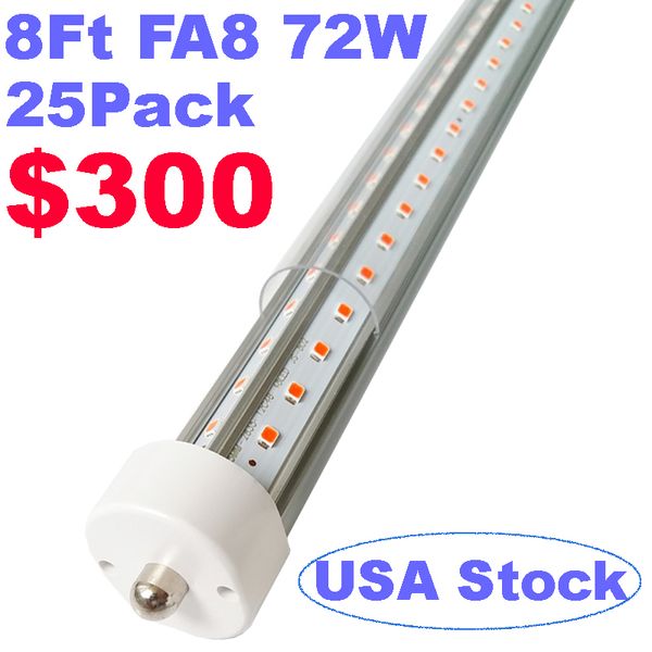 Tubo de luz LED T8/T10/T12 de 8 pies, base FA8 de un solo pin de 8 pies, 72 W, 9000 lm, 6500 K, luz blanca fría, bombillas fluorescentes LED en forma de V de doble cara de 8 pies (reemplazo de 250 W), cubierta transparente