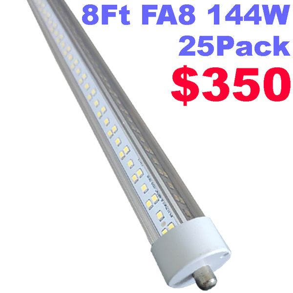 Tubo de luz LED T8/T10/T12 de 8 pies, base FA8 de un solo pin de 8 pies, 144 W, 18000 lm, 6500 K, blanco frío, bombillas fluorescentes LED en forma de V de doble cara de 8 pies (reemplazo de 250 W), cubierta transparente oemled
