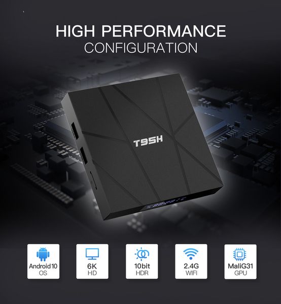 T95H Android 10.0 Smart TV Box 4GB 32GB Allwinnner H616 2.4G wifi 6K HD Set Top Box con control remoto