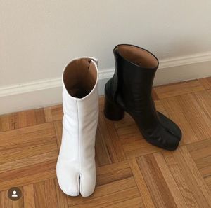 Tabi Enkellaarzen Designer Chunky Heel Ankle Boot Split Toe Vrouwen Crème Zilverkleurige Leer Martin Jurk Outdoor Booties