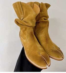 Tabi Botas de tobillo occidentales Punta estrecha Tacones de bloque gruesos Botines de moda Diseñador de lujo para mujer Vestido de fábrica Calzado Tamaño