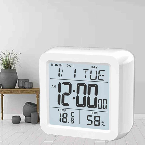 Despertador de mesa Reloj digital con calendario de dígitos grandes Snooze Temperatura ambiente interior Humedad para el hogar Dormitorio Oficina Cubo 211112