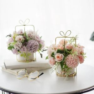 Centres de table fleurs artificielles avec vase décoration de la maison pot de fleur ensemble style européen rose bouquet mariage fleur en pot 201127 LL