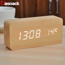 TABEL CLOCK LED Digitale Houten Alarm USB / AAA Powered Bureau Temperatuur Vochtigheid Spraakcontrole Elektronische Home Decor 220311