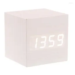 Horloges de table 008-12 Mini Cube en forme d'activation vocale LED blanche Réveil numérique en bois avec date/température (ivoire)